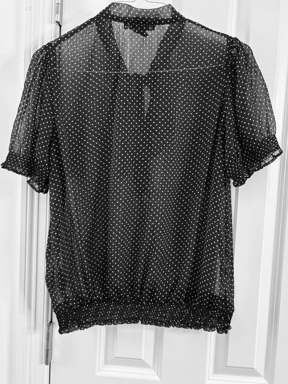 Jennifer & Grace Blouse Black White Polka Dot sheer puff ruffle tie elastic XL - Picture 4 of 8